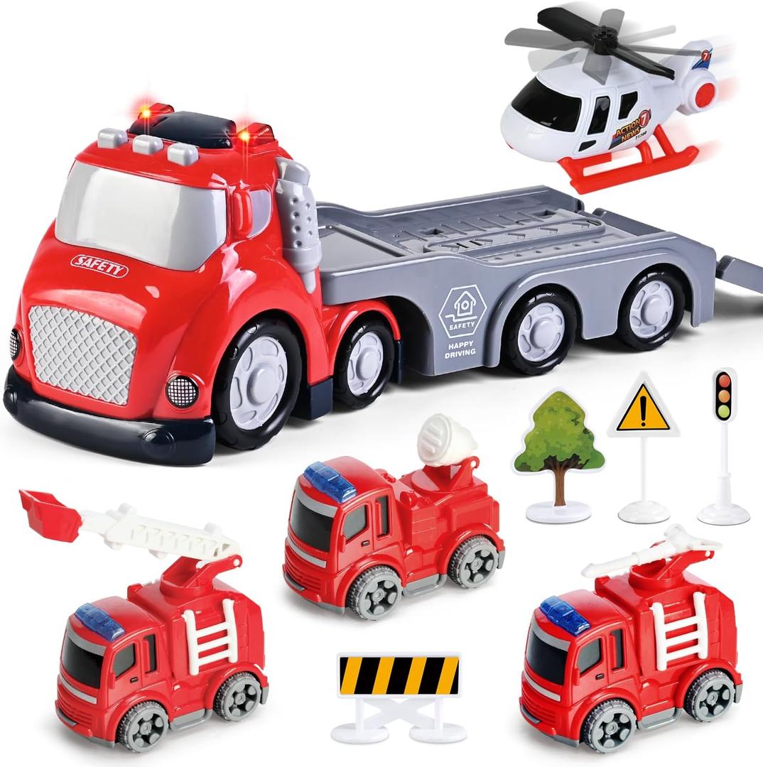Toddlers Truck Toys,Boy Toys Gifts for 1 2 3 Years Old,5 in 1 City Fire Transport Truck with Lights & Sounds,Ideal Birthday for Baby Toddler 12-18M+ (Red)