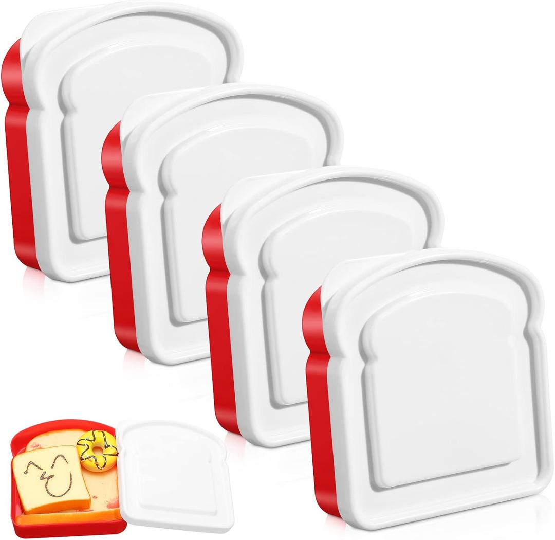 Didaey 4 Pcs Sandwich Containers Box for Lunch Toast Shape Food Storage Reusable Plastic Sandwich Holder Red White Kids or Adult Lunch Box for Bread Snack Meal Food Storage,14 oz
