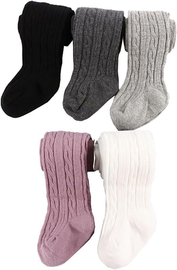 Looching 5 Pack Baby Toddler Girls Cute Cable Knit Cotton Tights Pantyhose Leggings Stocking Pants (2-4T, White,black,grey,dark Grey,purple)
