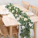 TOCHGREEN 4 Pack Artificial Eucalyptus Flower Garland with White Roses, Fake Rose Flower Greenery Garland Floral Vines for Wedding Home Party Table Runner Decor (4PCS, White)