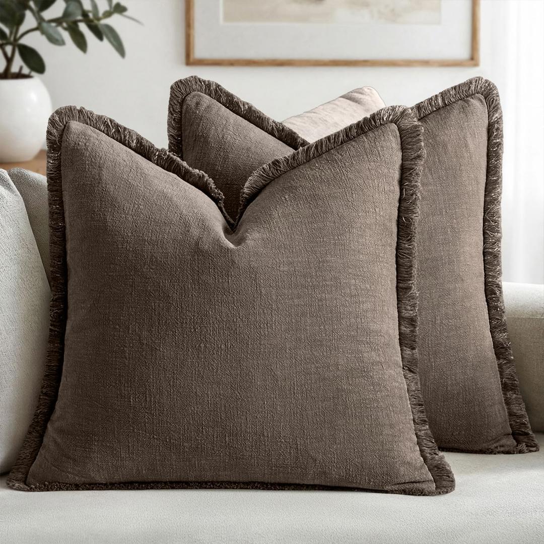 MIULEE Decorative Throw Pillow Covers Neutral Linen Fringe Throw Pillows Set of 2 Natural Coffee Boho Farmhouse Cushion Covers with Tassels for Couch Sofa Bed Living Room Spring Decor 20x20 Inch