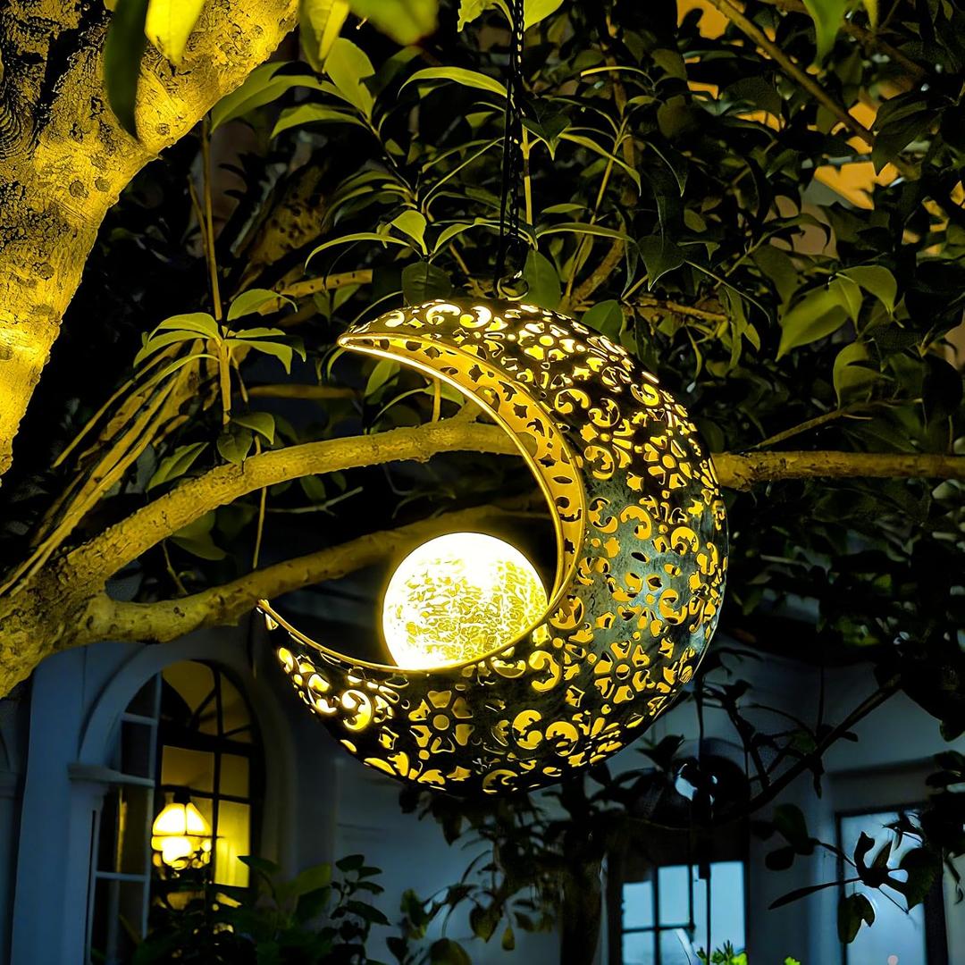 Solar Garden Hanging Moon Lights Outdoor Decor,Metal Lanterns Art Decorations for Outside Yard Lawn Patio Wall Fences Driveway Trail,Unique Housewarming Gardening Gifts for Women Mom