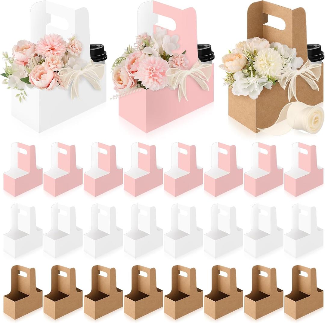 PYQTH 24 Count Kraft Paper Flower Gift Bags Disposable Drink Carrier with Handle 2 Cup Flower Paper Holder Boxes Floral Gift Bags for Mothers Day Wedding Birthday (Multicolor)