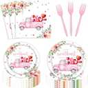 Utolily Sweetheart Baby Shower Party Tableware Supplies 96pcs - Pink Heart Plates, Forks & Napkins - Serves 24 Guests - Valentine's Day Occasion