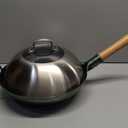 YOSUKATA Carbon Steel Wok Pan - 14  Woks and Stir Fry Pans + Reusable Natural Wooden Long Cooking Chopsticks Set of 3 pairs + Wok Lid 13.6 Inch -Premium Stainless Wok Cover with Tempered Glass Insert