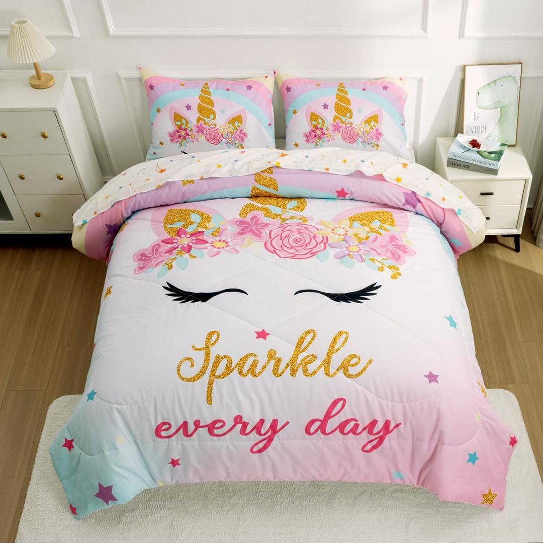 NTBED Unicorn Full Comforter Set with Sheets,5 Pieces Kids Bedding Sets for Girls, Lightweight Microfiber Star Rainbow Bed in a Bag (Pink)