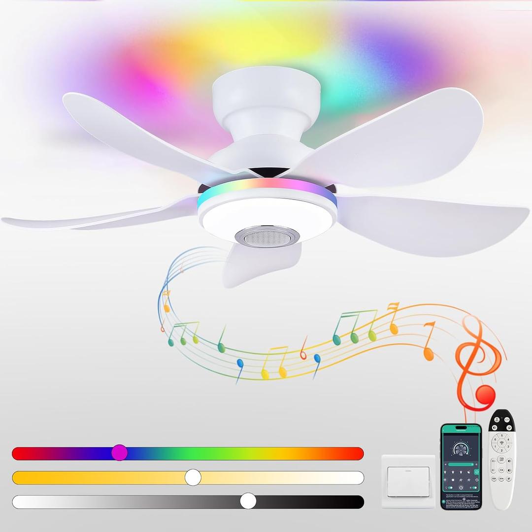 Kviflon 36 Inch White Ceiling Fan with Light, 5 Blades Flush Mount Fan with RGB & 3 CCT Dimmable Light, APP & Remote Control, Built-in Speaker, Reversible, 6 Speeds for Bedroom Living Room