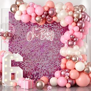 Biapian Pink Shimmer Wall Backdrop, 24PCS Square Sequin Shimmer Wall Panels Color Laser Pink Glitter Photography Props for Party Decorations Indoor or Outdoor Wedding Bachelorette Engagement