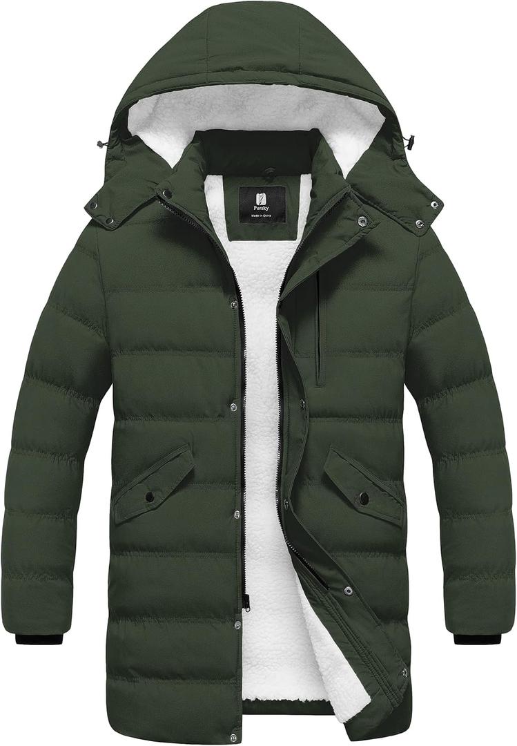 Pursky Men's Long Winter Coat Warm Sherpa Lined Quilted Puffer Jacket Waterproof Thicken Puffy Parka with Hood (Large, Army Green)
