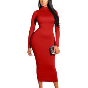 Women's High Neck Long Sleeve Bodycon Midi Dress, Red Medium