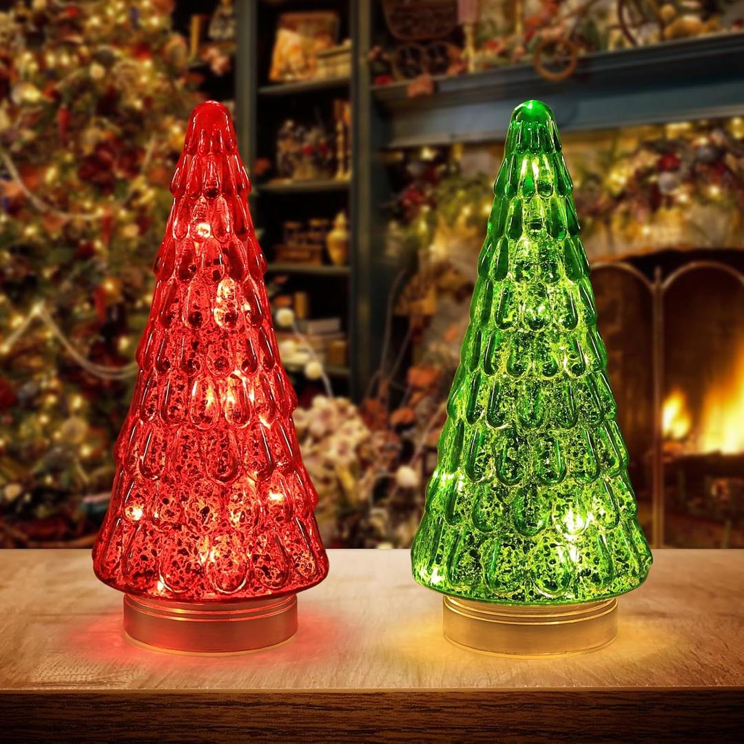 PHITRIC Christmas Decorations Indoor, 2 PCS Sparkling Glass Christmas Tree Table Centerpieces Decor with LED Lights and Timer, Xmas Tree Decorations for Home, Mantel, Shelf, Tabletop (Red & Green)