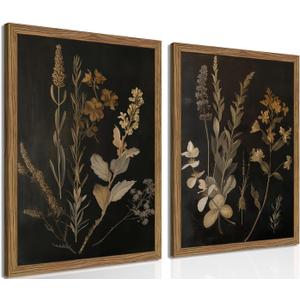 Kousne Dark Botanical Canvas Wall Art Vintage Moody Floral Prints with Wood Frame Dark Academia Aesthetic Gallery Painting Wall Decor for Living Room Bedroom or Office 16x24 Inch Set of 2, Wood Frame Dark-2pcs