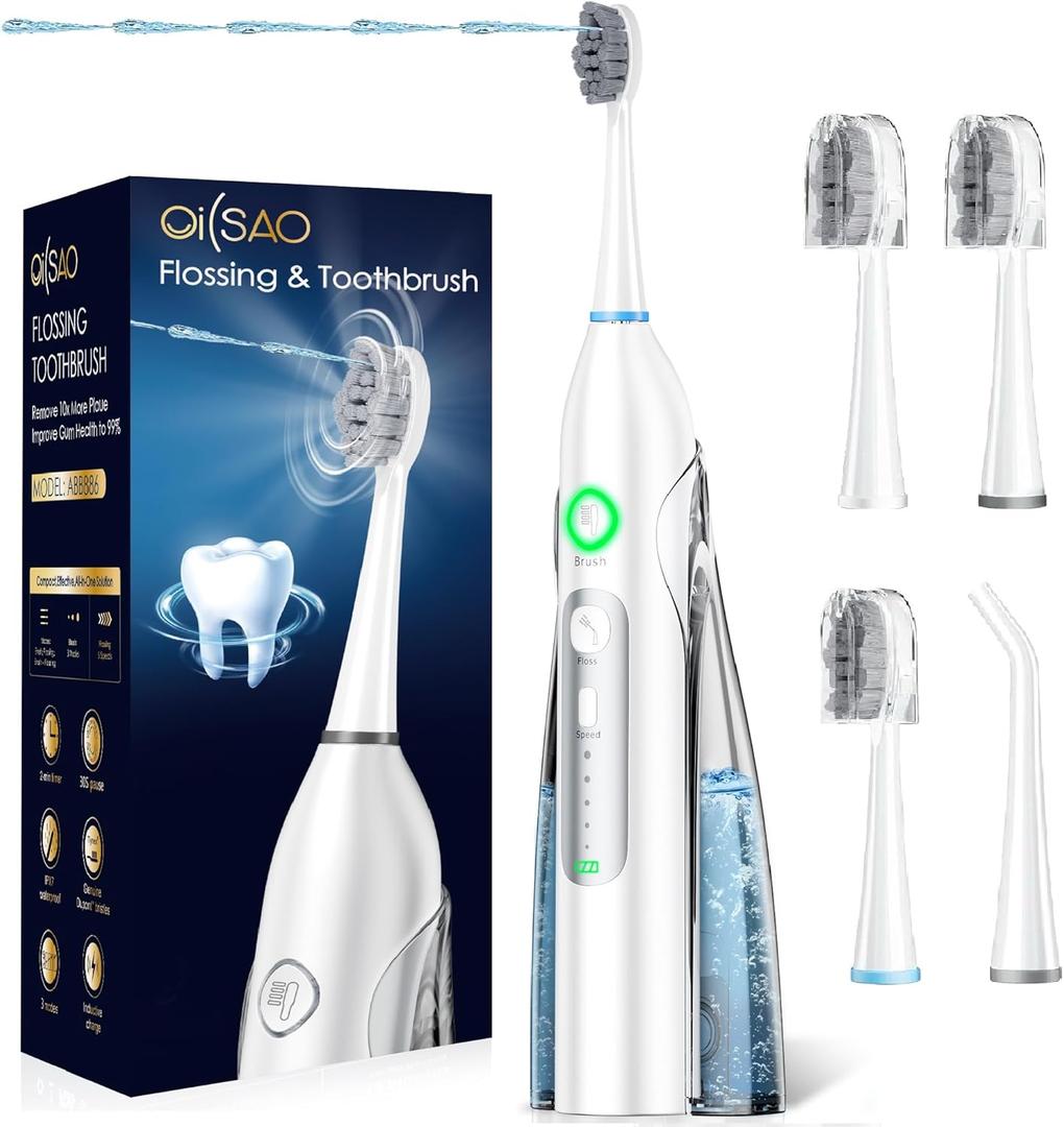 Electric Toothbrush with Water Flosser, 3 Sonic Modes, 5 Flossing Speeds with 3 Brushes + 1 Nozzle, Portable Flossing Toothbrush Combo for Adults Teeth Cleaning Kit for Plaque Removal,White