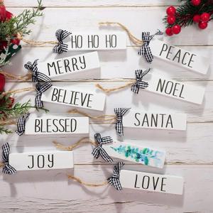 Jetec 10 Pcs Christmas Wooden Tags Labels Stocking Name Tags with Black and White Buffalo Plaid Ribbon Farmhouse Christmas Word Hanging Ornaments Wishes Crafts for Xmas Tree Decor 3.9 x 1''
