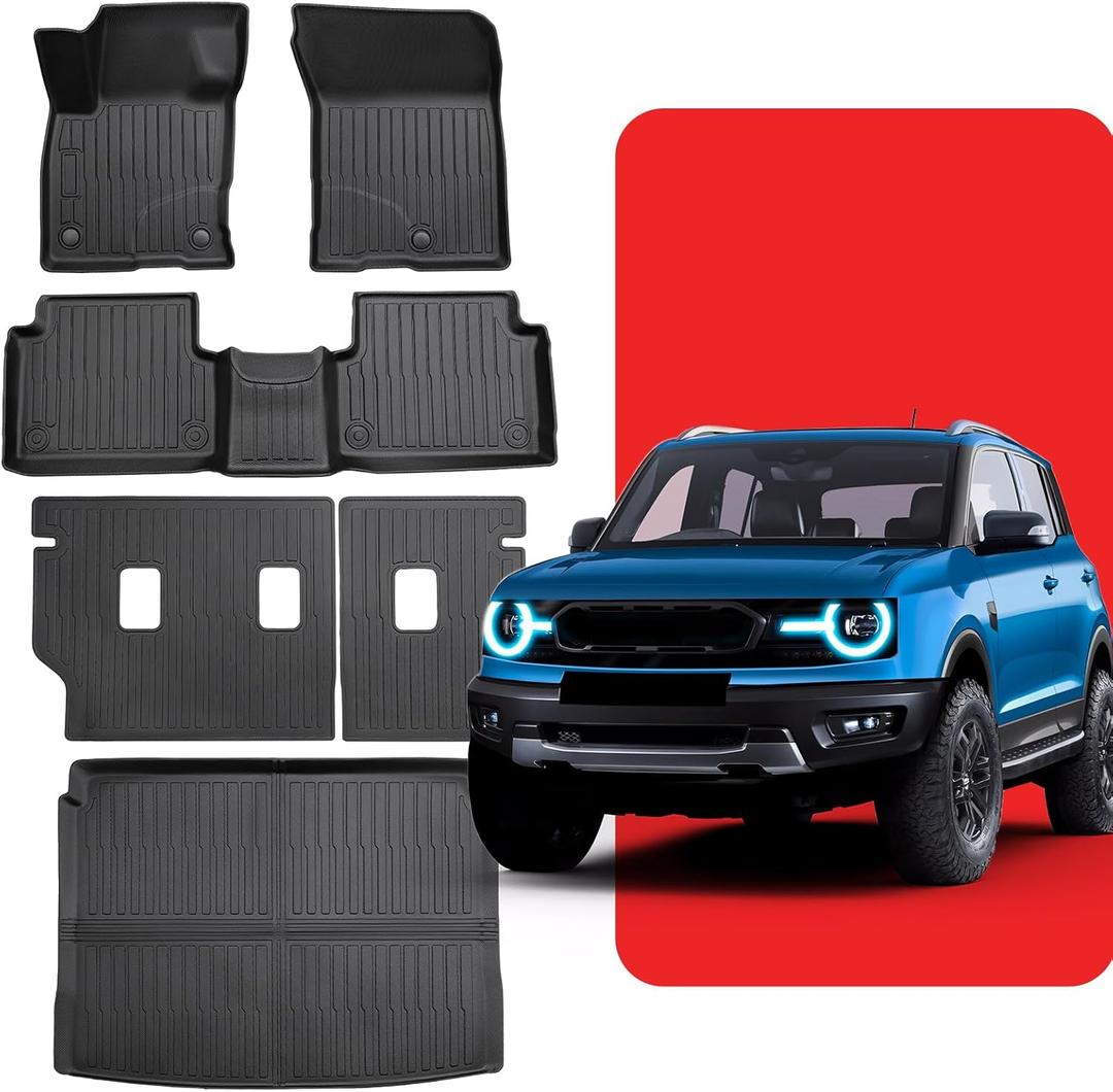 Floor Mats for Ford Bronco Sport: 2021 2022 2023 2024 2025 All Weather Car Accessories for Bronco Sport 4-Door, 6PCS TPE Rubber Backrest Liner Fit for Bronco Sport (w/Full Size Spare Tire)