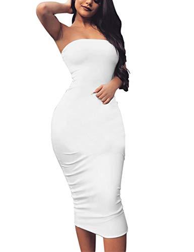 BORIFLORS Women's Basic Sleeveless Tube Top Sexy Strapless Bodycon Midi Club Dress,X-Large,White