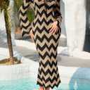 Saodimallsu Womens Striped Bodycon Beach Dress V Neck Tie Front Bell Sleeve Crochet Cover Up Vacation Long Dresses (Large, Khaki)