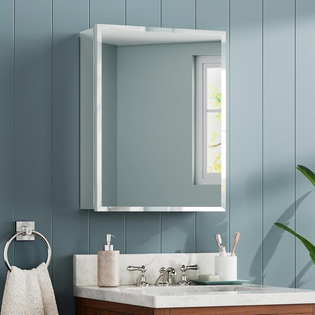16x20 Inch Beveled Bathroom Medicine Cabinet with Mirror, Assembly Needed, Recessed or Wall Mount, 1 Adjustable Tempered Glass Shelf, Aluminum Medicine Cabinet, Side Mirror, Reversable Door