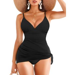 Popilush One Piece Swim Dress Tummy Control Swimsuits for Women Ruched Shapewear Split Bathing Suit (Small, Black)