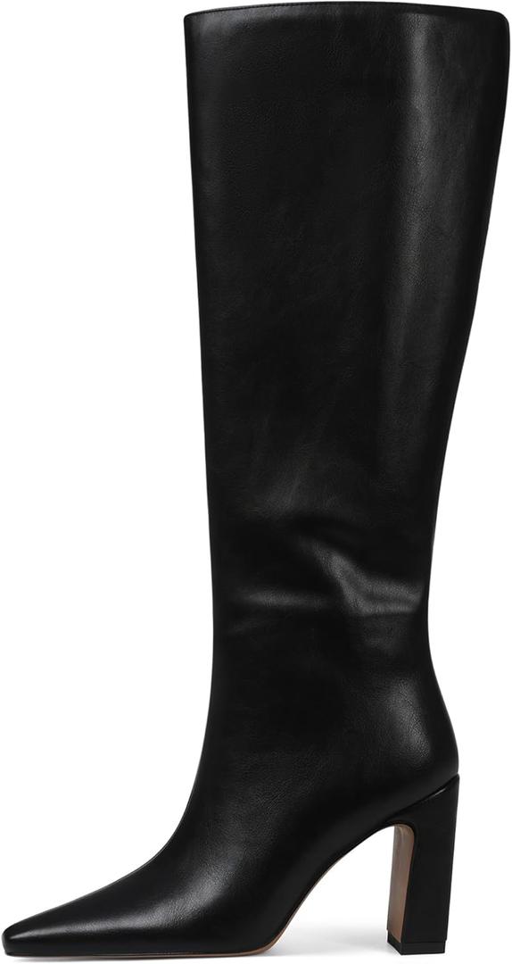 Lovee Cosee Knee High Boots for Women Square Toe Chunky Heeled Boots with Side Zipper Fashion Dress Elastic Tall Boots (8, Black-wide Calf)