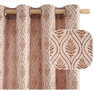 BGment Terracotta Linen Curtains for Living Room, French Country Leaf Jacquard Botanical Pattern Cottage Core Boho Vintage Grommet Light Filtering Semi Sheer Linen Curtains, 2 Panels, 52 x 84 Inch