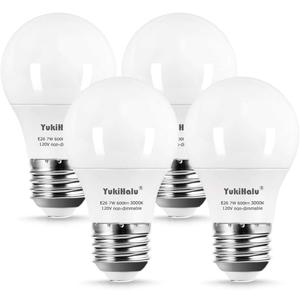 YukiHalu A15 LED Light Bulbs, 60W Equivalent, E26 Base, 2700K/3000K/4000K/5000K 7W 600 Lumens 120V, Non-Dimmable, Ceiling Fan Light Bulbs, Appliance Bulb, Pack of 4 (3000K Warm White)