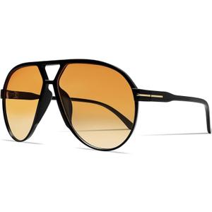 Bouryo Retro Aviator Sunglasses for Women Men - Oversized Trendy 70s Sun Glasses Vintage Big Round Shades (A1 Gloss Black/Gradient Orange-yellow)