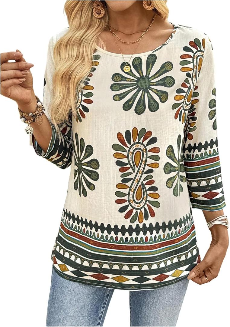 OYOANGLE Women's Crew Neck 3/4 Sleeve Top Boho Floral Casual Dressy Fashion Work Blouse (X-Large, Multicolor)