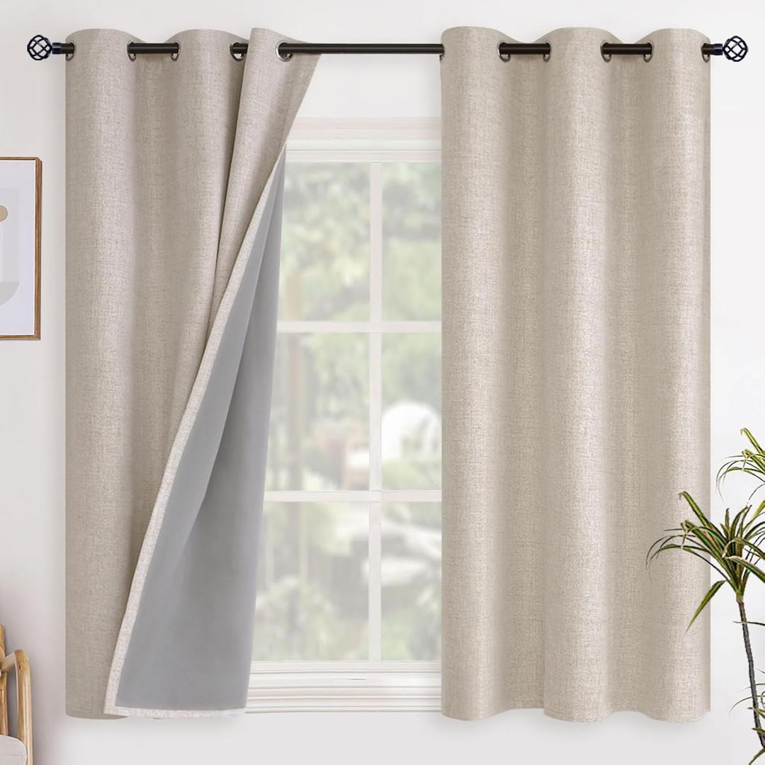 YoungsTex Oatmeal Linen Blackout Curtains 45 Inch Length for Bedroom Kitchen Window, Thermal Insulated Short Drapes with Grommet Heat Blocking for Living Room Bathroom, 2 Panels, 42 X 45 Inch