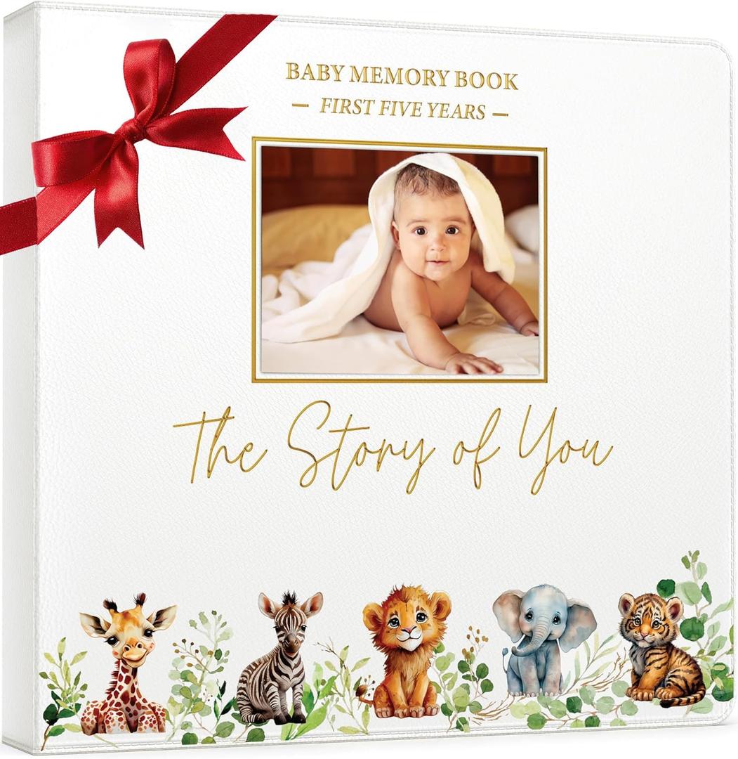 Baby Book Keepsake - Timeless Baby Memory Book for Boy or Girl I First 5 Year I Faux Leather, Gender Neutral, Safari Theme w/Gold Foil Stamp - Baby First Year Book Journal Scrapbook Photo Album Shower
