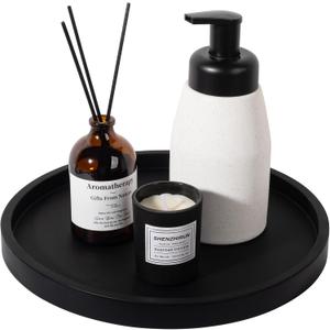 Silicone Bathroom Tray Round Vanity Tray Decorative Soap Holder Kitchen Countertop Organizer Coffee Table Decor for Candle, Perfume, Plant, 10 Inch, Black