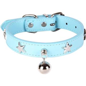 Leather Dog Collar with Bell and Star Studs, Dog Collars for Small Medium Large Dogs Collar for Female Male Dogs (XS: 7 1/2 - 10 1/2 in, Blue)