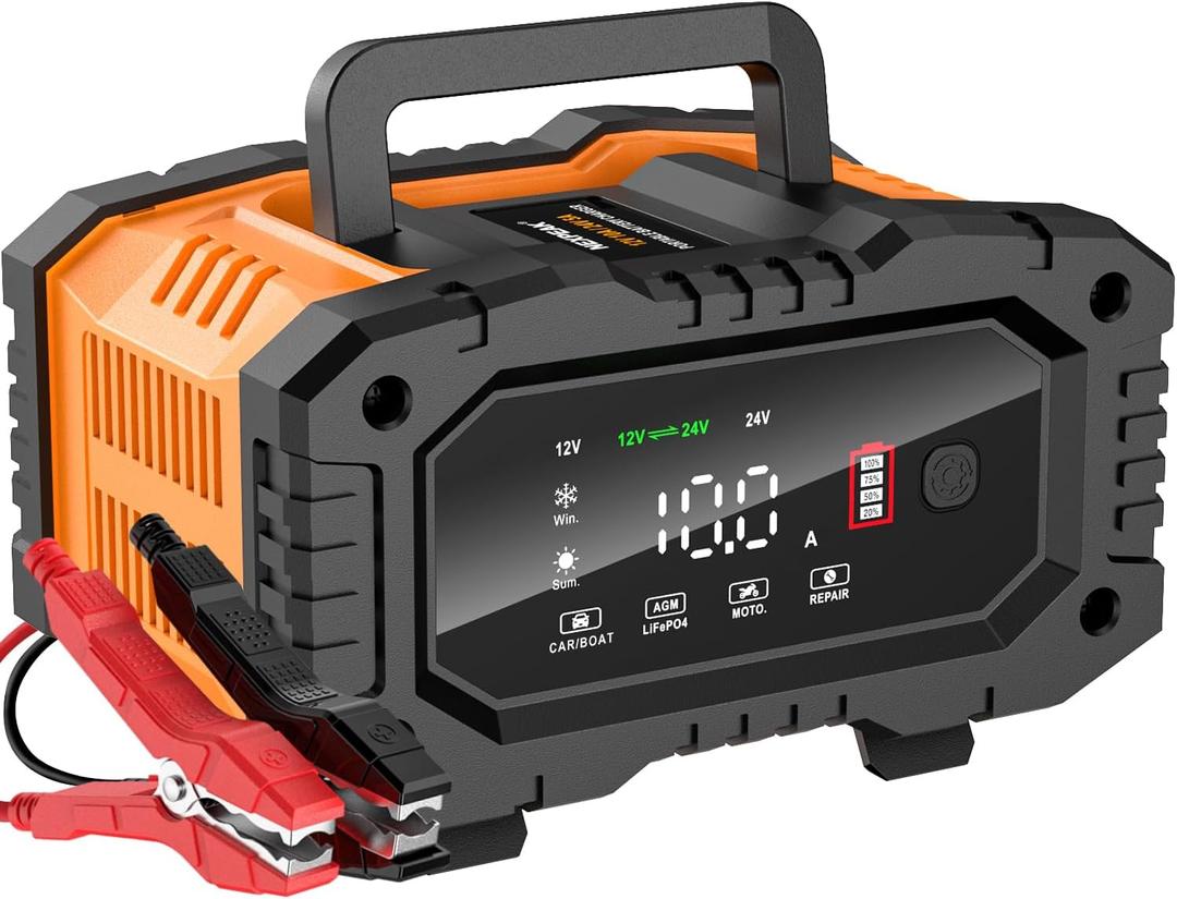 NEXPEAK NC202 10-Amp Battery Charger, 12V 24V LiFePO4 Lead Acid Portable Car Battery Charger 8-Stage Trickle Charger Smart Battery Maintainer w/Temp Compensation for Car Truck Motorcycle Lawn Mower (10Amp)