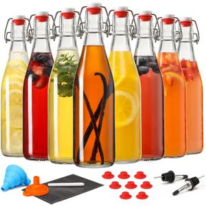 8 Set 16 OZ Swing Top Glass Bottles - Flip Top Beer Brewing Bottles with Stopper for Fermentation, Kombucha, Mead Kefir, Vanilla Extract, Juice, Tea, Wine, Soda - Airtight Cap Lids, Bonus 2 Pourers