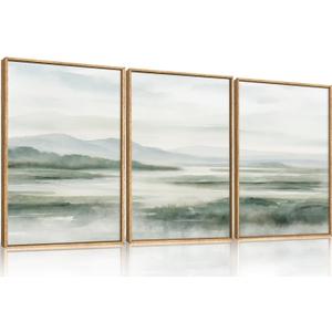 HOURIA Large Watercolor Misty Green Mountain Framed Canvas Wall Art, Neutral Brush Stroke Wall Decor, Modern Landscape Artwork, Nature Minimalist Art Print for Living Room,Bedroom,Office-16 x24 x3