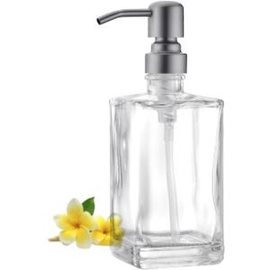 BZOOSIU Glass Soap Dispenser with Rust Proof Stainless Steel Pump, Refillable Kitchen & Bathroom Countertop Dish Soap Dispenser for Essential Oils, Lotions, Liquid Soaps, Brushed Nickel