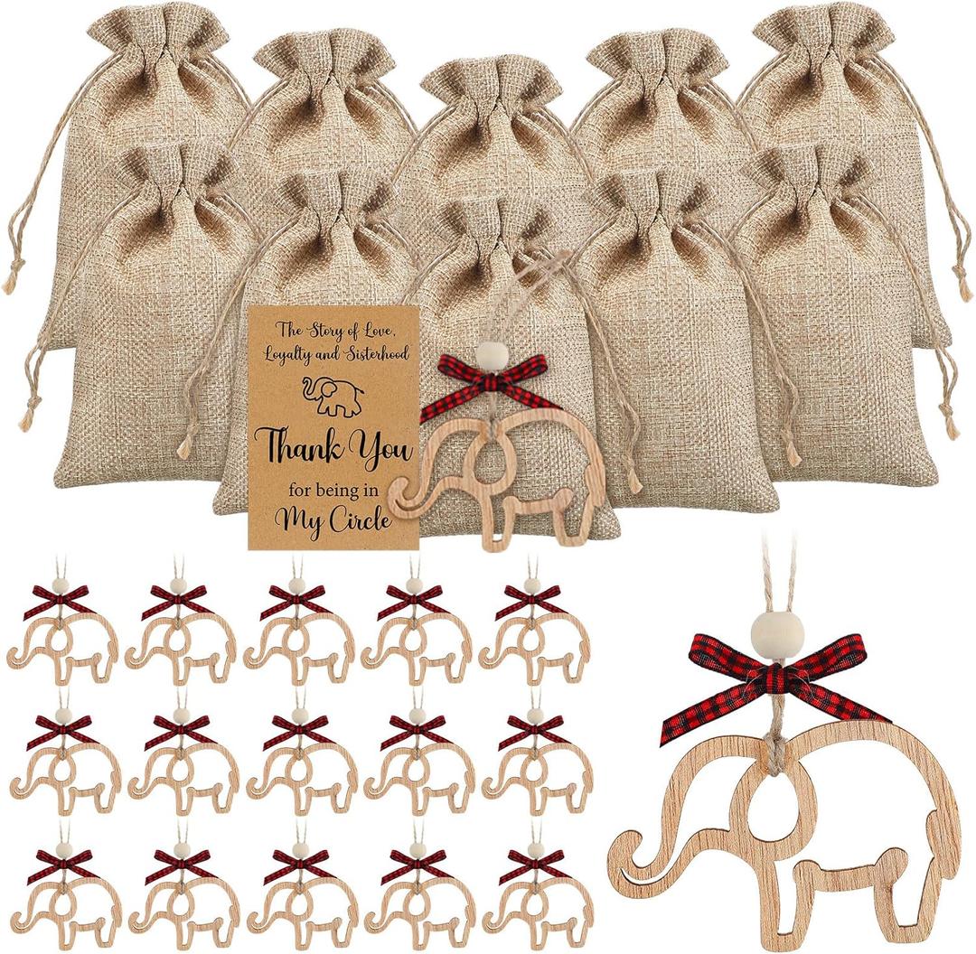 Thyle 24 Sets Friendship Elephant Ornaments Wooden Christmas Friendship Ornament with Story Cards Sisterhood Elephant Gifts for Women Tribe with Gift Bags for Xmas Best Friends Birthday Gifts(Rustic)