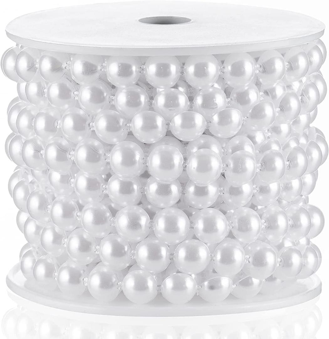 Flat Pearl Garland String 11 Yards, 10MM Half-Round Beaded Spool Roll Crafts for Wedding Decoration (White)