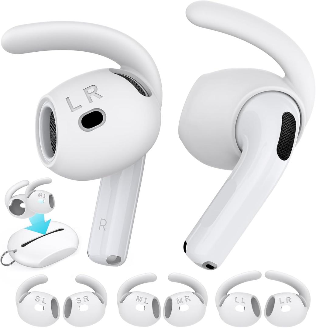 AhaStyle Ear Hooks for AirPods 4th Generation (2024) Added Storage Pouch 3 Pairs S/M/L Anti-Slip Ear Covers Silicone Accessories Compatible with Apple AirPods 4th Gen (Large+Medium+Small, White)