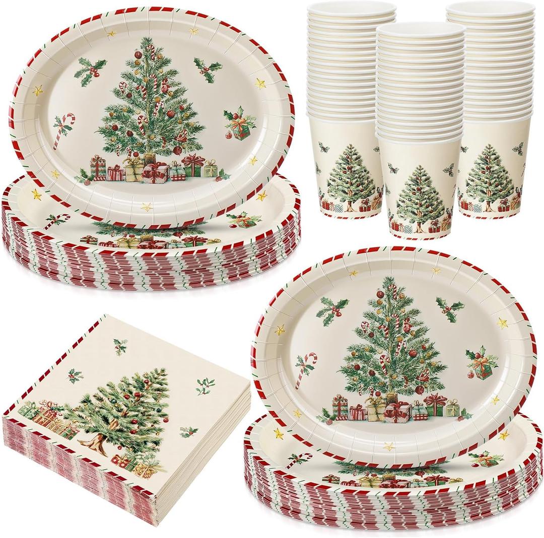Vesici 150 Pcs Christmas Tableware Set Party Supplies Christmas Oval Paper Plates Cups and Napkins 10" x 12" Large Heavy Duty Disposable Plates for Holiday Party Decoration Dinnerware Set, Serves 50
