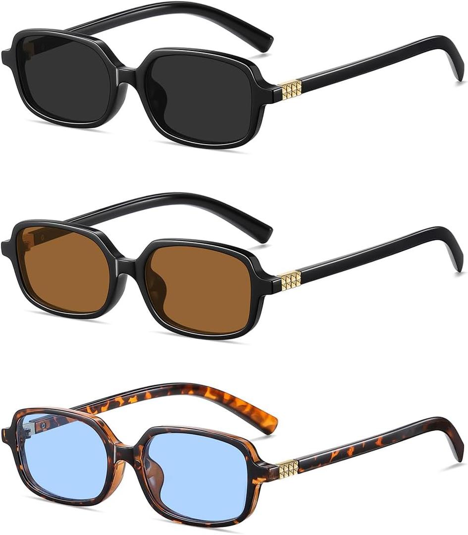 Retro Rectangular Sunglasses for Women Trendy Funny Vintage Fashion Narrow Small 90s Sunnies(3 Pack)