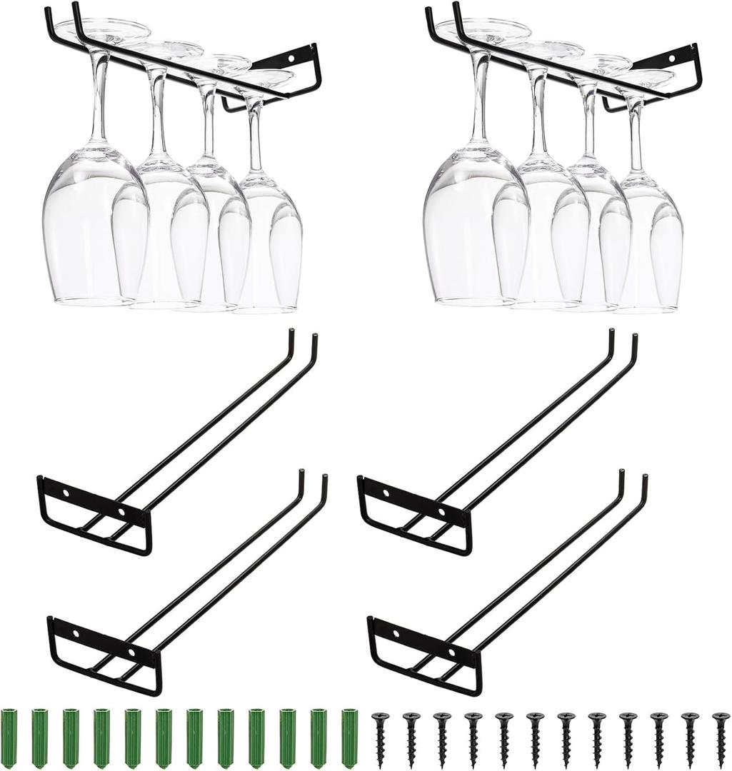 Dicunoy 6 Pack Black Wine Glass Racks, 12 Inch Metal Under Shelf Wine Glass Holder, Wall Mounted Iron Wine Glass Hanging Rack for Shelf, Kitchen, Bar, Wine Cellar Storage, Organizer, Display