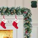 Pre-lit Christmas Garland 9FT with Lights, Battery Operated Xmas Garland with Snowy Cedar Cones & Red Berries, Christmas Decoration for Mantle, Fireplace, Stair Railing, Porch, Doorway, Indoor