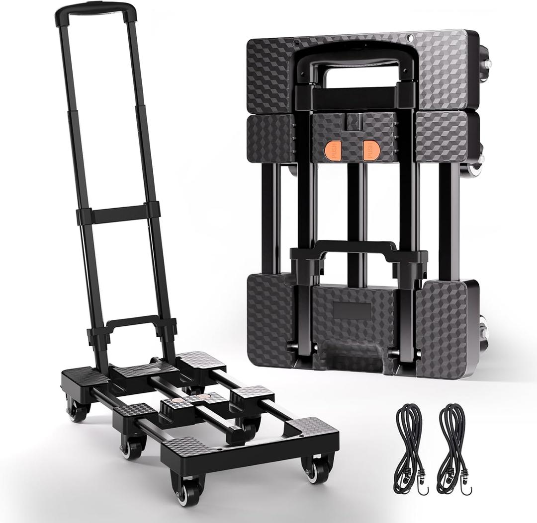 Folding Hand Truck 500lbs, Portable Heavy Duty Dolly Cart, 6 Wheels Collapsible Luggage Cart with 2 Elastic Ropes - Compact Trolley Cart for Easy Moving - Ideal Hand Cart for Travel and More,  Black