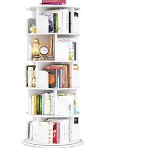 Besiost Rotating Bookshelf Tower, 5 Tier Spinning Bookcase, Revolving 360 Book Shelf Narrow Tall Bookcase, Vertical Turning Round Bookshelf Organizer, Wood Corner Book Shelf for Small Space, White, 5 Tier, 63.6" H