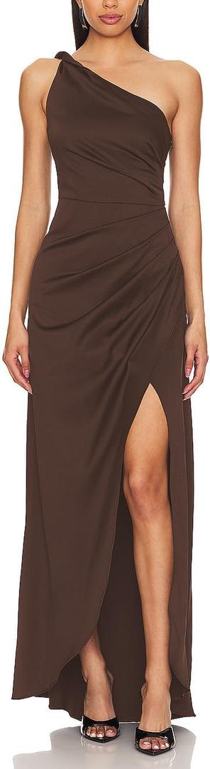 Capuffy Women's Sexy One Shoulder Long Formal Dress Ruched Waist High Split Cocktail Wedding Guest Party Maxi Dress 02 (Brown, L)