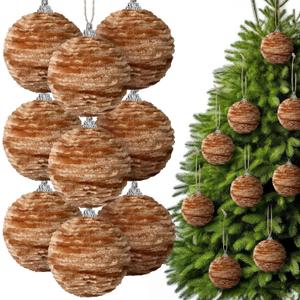 Hungdao 9 Pcs Brown Christmas Ornaments Velvet Ball Flocked Chenille Christmas Tree Ball Ornaments Decorative Xmas Hanging Decoration for Xmas Tree Decor, 2.36 Inch