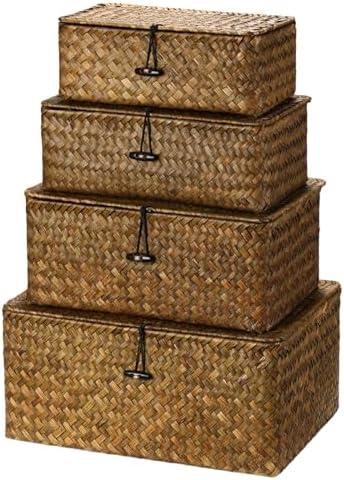 Woanger Set of 4 Wicker Storage Baskets Organizer，Handwoven Storage Bins with Lid for Organizing, Home Utility Box for Home Office Supplies Multipurpose Container(Retro Color)