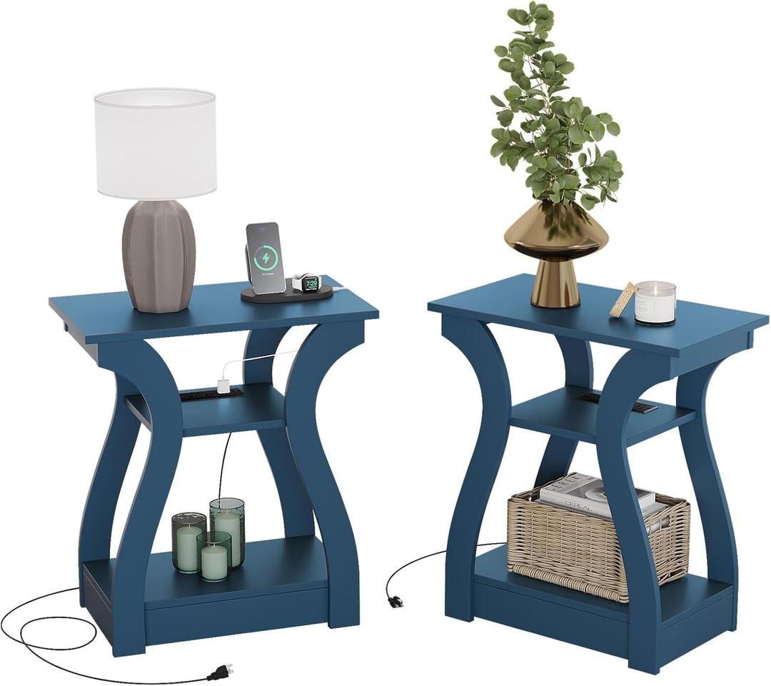 End Tables Living Room Set of 2,End Table with Charging Station and USB,Navy Blue Side Table, Nightstand for Bedroom,3 Tier End Table with Storage Shelf for Living Room, Navy Blue