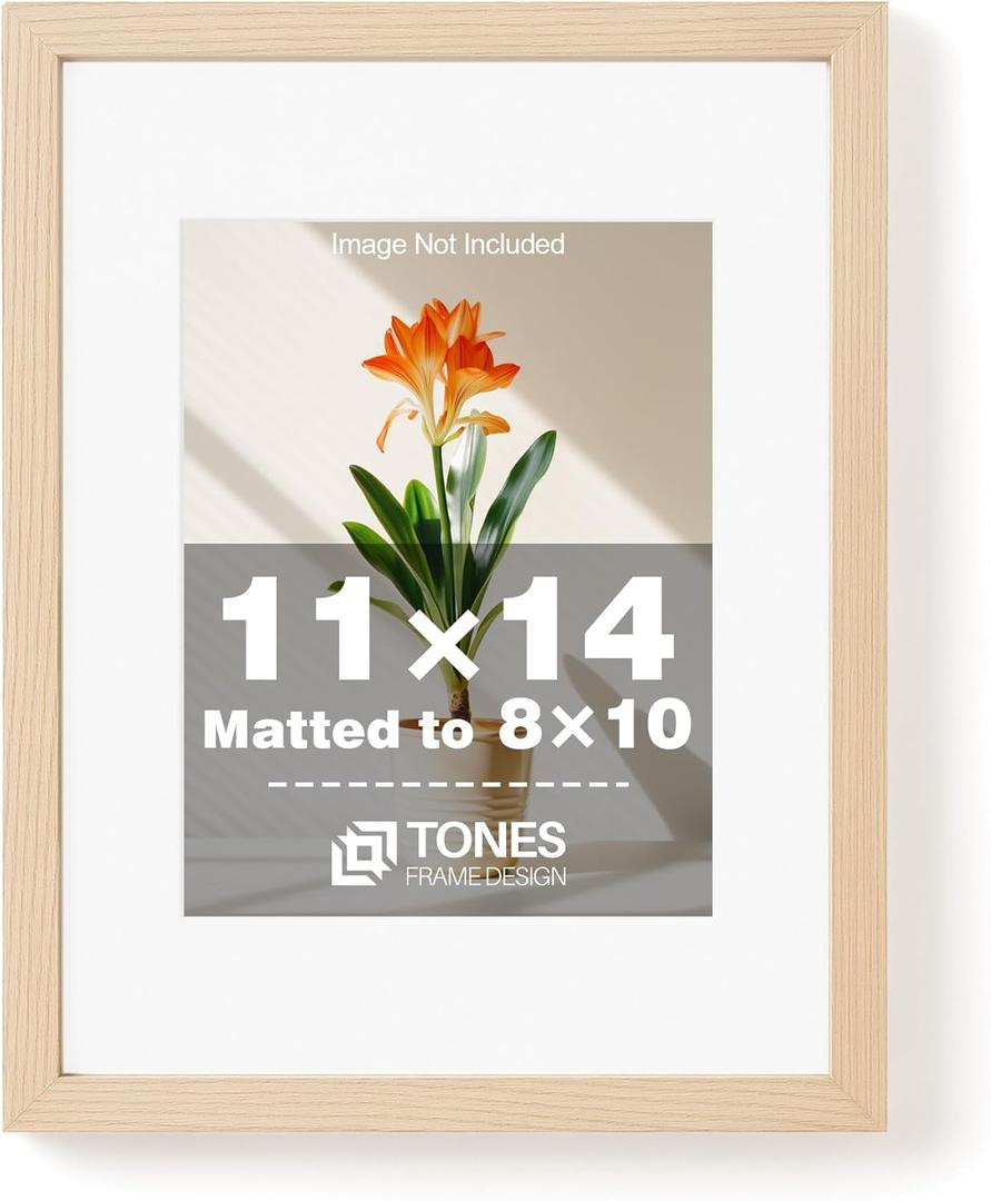 TONES FRAME DESIGN 11x14 Picture Frame Natural Wooden Frame with 8x10 Mat, 11x14 Frames Solid Wood Veneer 11 x 14 Picture Frames with Shatterproof Plexiglass for Poster Gallery Wall Home Decor